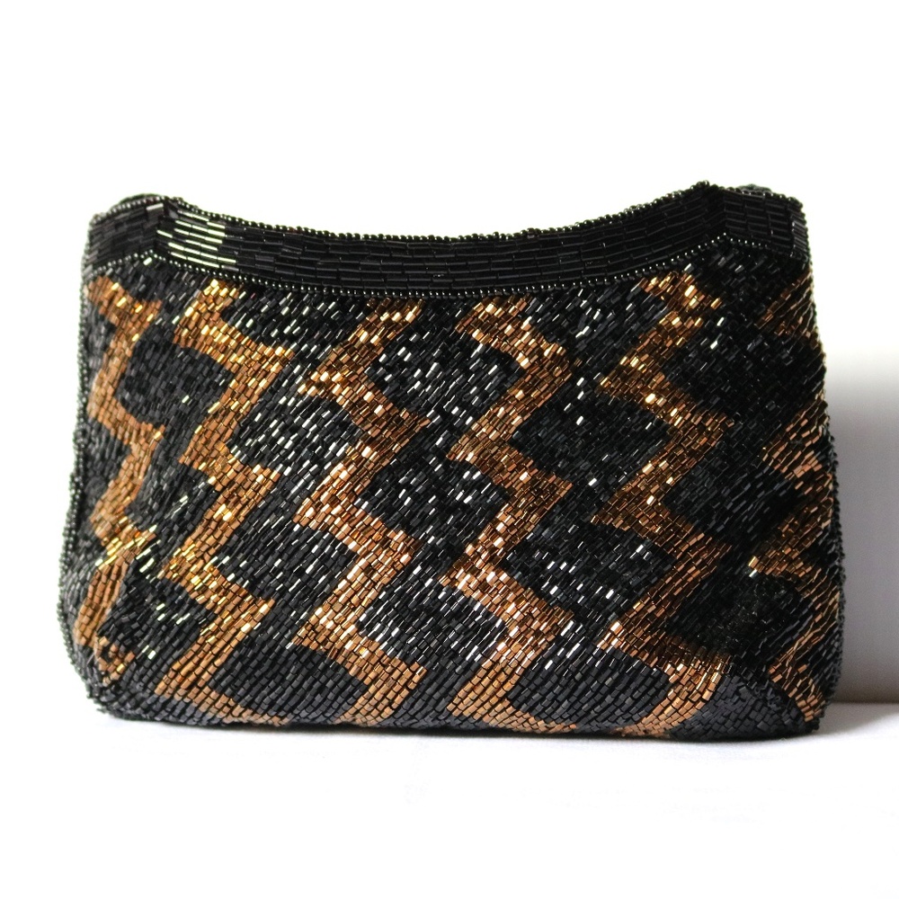 Valerie Stevens Beaded Black & Gold Shoulder Purse Evening Bag with Strap